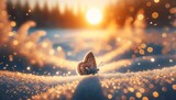 Butterfly in the snow on a background of the sunset.