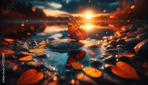 Butterfly on a stone in the river at sunset. Bokeh background