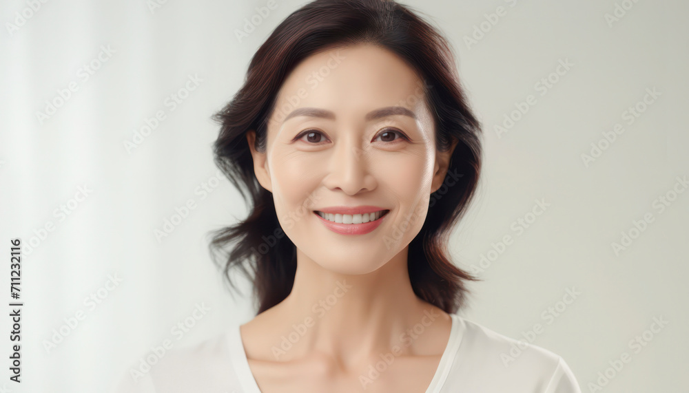 Asian Mature Woman, Cheerful and Happy in Studio Portrait, Attractive Beauty with White Background, Healthy Lifestyle, Confident Smile, Brown Hair, Closeup Headshot - Horizontal Banner Asian Mature Woman, Cheerful and Happy in Studio Portrait, Attractive Beauty with White Background, Healthy Lifestyle, Confident Smile, Brown Hair, Closeup Headshot - Horizontal Banner
