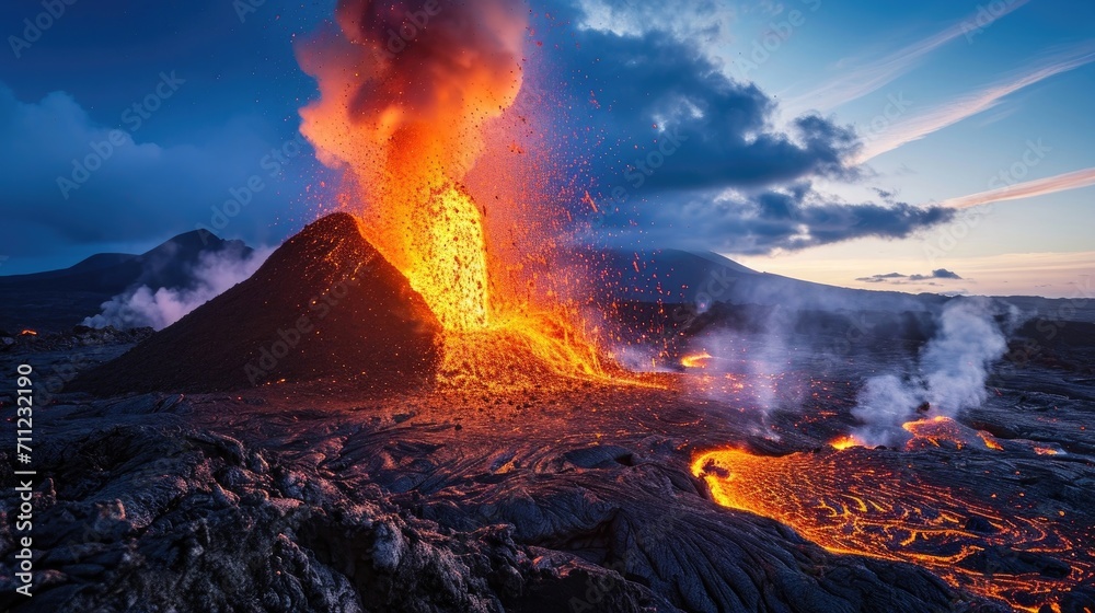 A vibrant volcanic eruption with molten lava streams and explosive spatter under a twilight sky