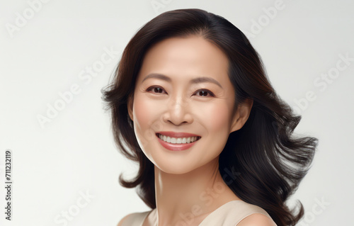 Smiling Asian Businesswoman in Modern Studio, Confident and Happy, Beautiful Lady with Attractive, Casual Fashion, Healthy and Relaxed, Charming Portrait of a Cheerful Mature Model on WhiteBanner