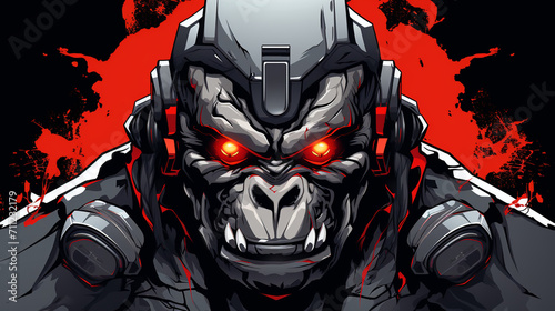 illustration of a gorilla robot with a cool design with red eyes without a background 