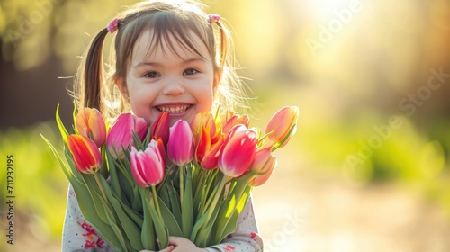 A joyful toddler holding a bunch of colorful tulips, with a bright, sunlit backdrop, reflecting the happiness of spring