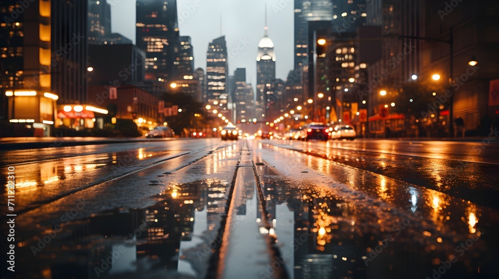 Raindrops on a cityscape: Rainfall at dusk captures the glowing lights of a city, blurred into orbs of yellow and orange against a twilight sky, mirrored on the wet ground