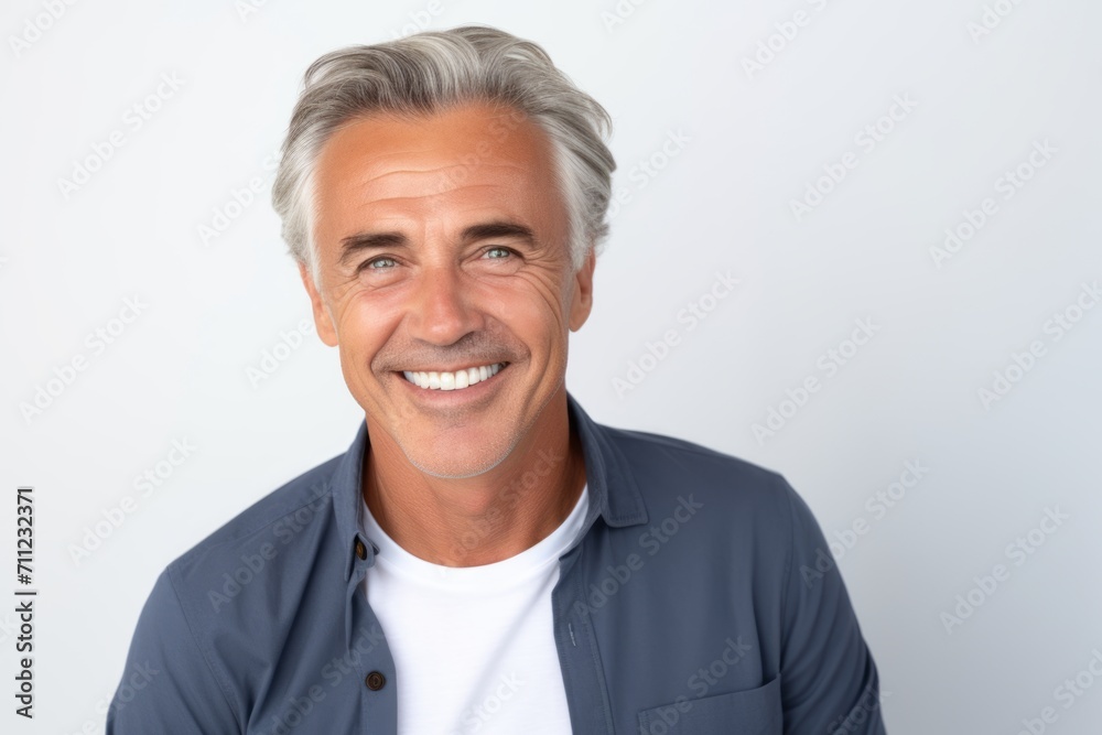 Handsome mature man smiling and looking at camera while standing against grey background Handsome mature man smiling and looking at camera while standing against grey background