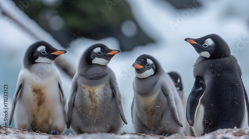 Four Emperor Penguin chicks, grouped together looking in different directions. Snow Hill Emperor Penguin Colony, Antarctica, 4K, Antarctic Babysitter in winter.