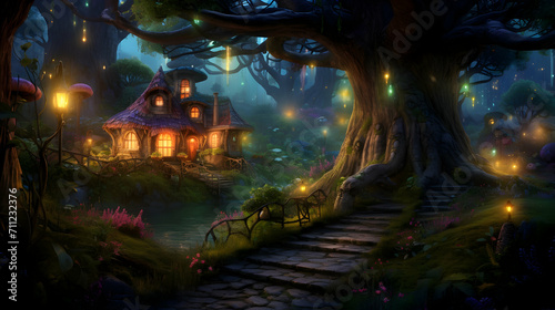 Enchanted forest with whimsical mushroom houses by a serene stream  a fairytale setting for magical stories