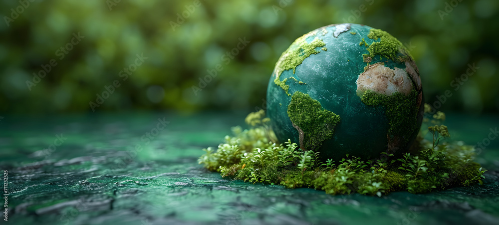 Earth globes On Soil In Forest with greenery and Sunlight, planet icon. big copy space. banner, advertising, earth day concept.	
 - obrazy, fototapety, plakaty 