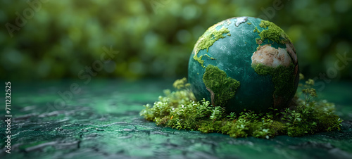 Earth globes On Soil In Forest with greenery and Sunlight, planet icon. big copy space. banner, advertising, earth day concept. 
