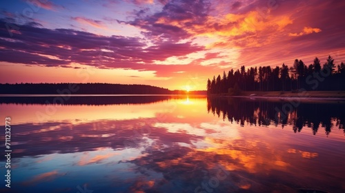 Tranquil lake  ablaze in orange and purple sunset hues.