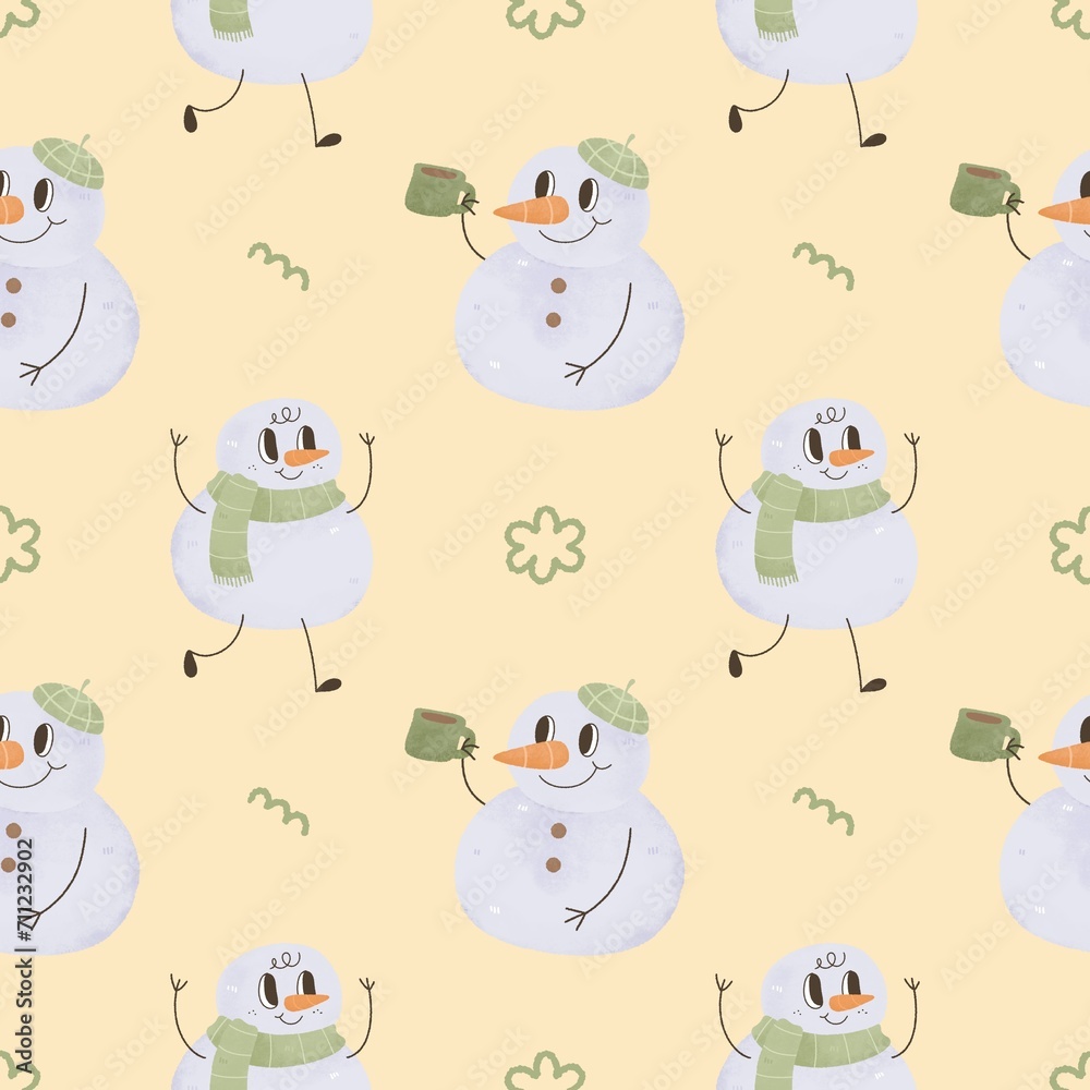 Cute kawaii cartoon Christmas seamless pattern with snowman groovy retro , doodle hand drawn watercolor childish illustration. Cute kawaii cartoon Christmas seamless pattern with snowman groovy retro , doodle hand drawn watercolor childish illustration.