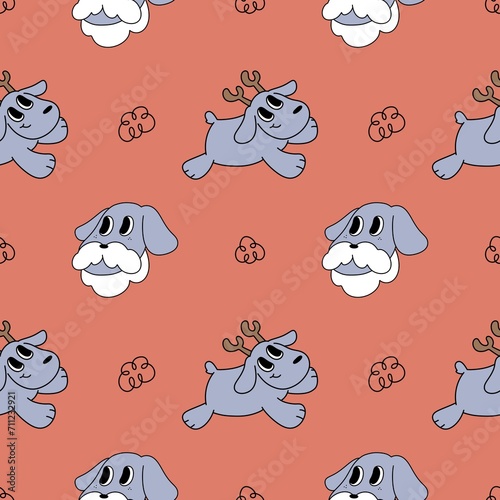 Christmas retro seamless pattern with cute kawaii groovy Santa dog Vintage for winter holidays postcard, invitation, wrapping paper; packaging