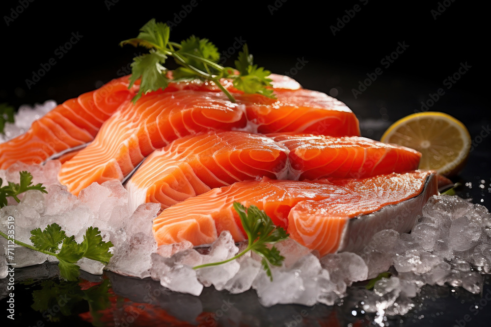 Close-up of fresh chilled fish. Trout or salmon fillet. Red fish ready to eat. Close-up of fresh chilled fish. Trout or salmon fillet. Red fish ready to eat.