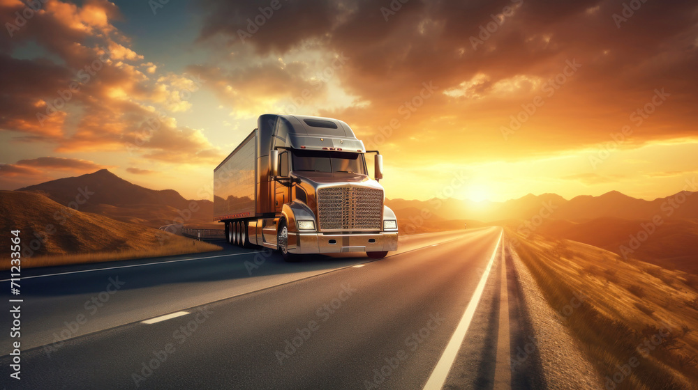 Truck on the highway at sunset. The sun drops below the horizon, casting a warm orange light on an open, powerful semi-trailer with a cargo, rushing into the distance along the highway.