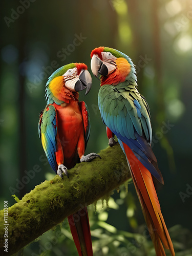 A beautiful loving couple macaw perching on top mossy stick