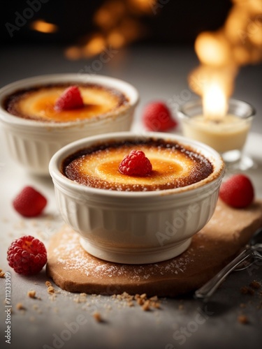 French vanilla custard, burnt cream, creme brûlée rich custard base topped with crispy caramel, cinematic food photography photo