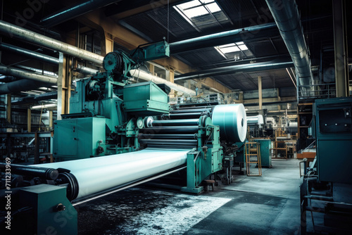 Factory for the production of paper and cardboard. Production equipment for paper production. Big machine. The machine makes paper.