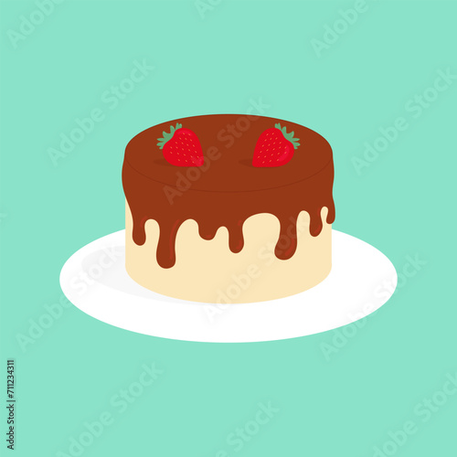 Delicious sweet cake on plate, Tasty Dessert with fresh Strawberry  Flat Vector Illustration