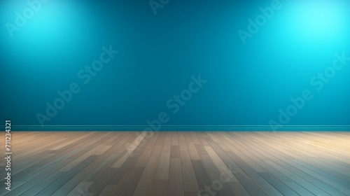 A blue turquoise wall with a smooth wooden floor, the gentle glare from the window creating an ideal backdrop for professional presentation settings, empty room with wooden floor © SardarMuhammad
