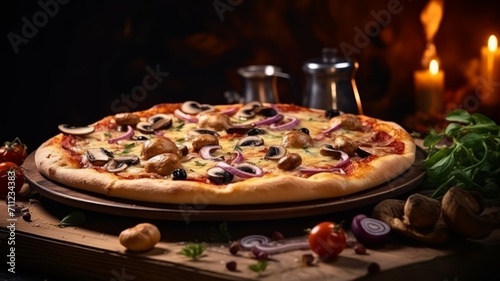 Freshly baked pizza with mushrooms, cheese, and tomatoes on a rustic wooden table, with ingredients in the background.