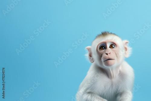 monkey isolated on blue background , copy space for text