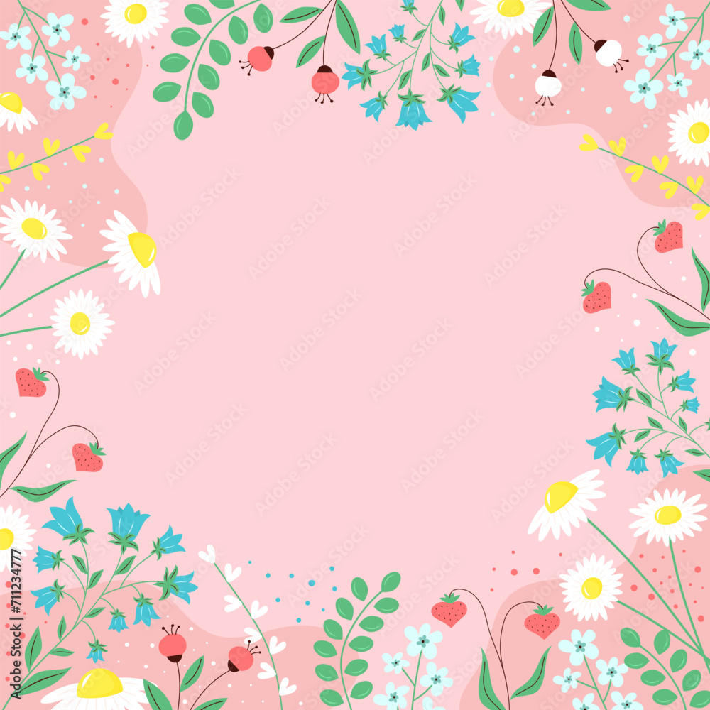 Spring background with flowers and leaves, plants and berries. Trendy abstract square art floral template. Copy space. Hand drawn colorful vector illustration.