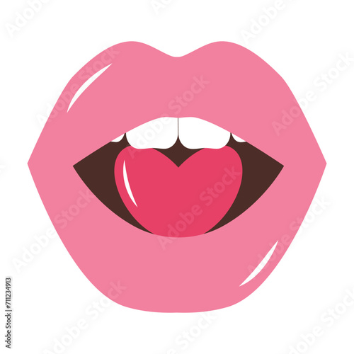 Female lips holding pink heart. Valentine's day romantic clipart. Lipstick makeup icon. Sexy mouth. Vector illustration in flat style.