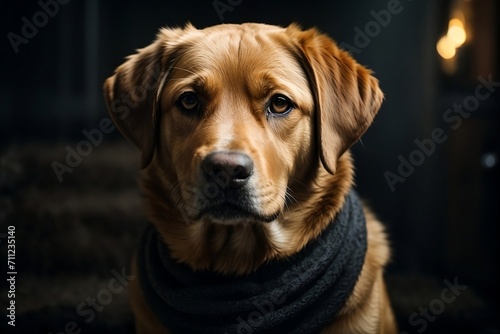 A majestic labrador dog stares directly into the camera  its dark fur contrasting against the deep  moody background.