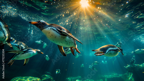Diving penguin herd. Ocean underwater with marine animals. Sun rays passing through the water surface. Wroclaw, Poland. Zoo, Humboldt penguin is swimming in the pool, swimming marine life underwater 