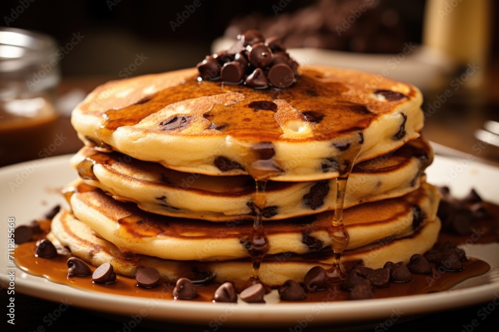 A closeup shot highlighting the beautiful, slightly crisp surface of chocolate chip pancakes, with the chocolate morsels exuding a warm, molten appearance. A closeup shot highlighting the beautiful, slightly crisp surface of chocolate chip pancakes, with the chocolate morsels exuding a warm, molten appearance.