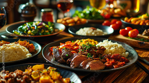 Traditional Turkish and Greek dinner appetizer table with meat, rice and vegetables.