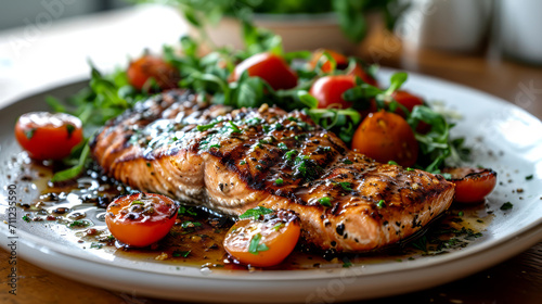 Grilled salmon steak with vegetables.