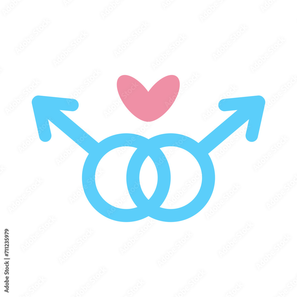 Two blue males symbols with heart. Flat vector illustration. Two blue males symbols with heart. Flat vector illustration.
