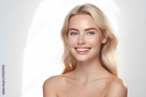 Beautiful blonde woman with blue eyes with flawless healthy skin for female skin care. Hydration beauty flawless skin. Close up face beauty portrait. Studio photography for skincare  cosmetic or salon
