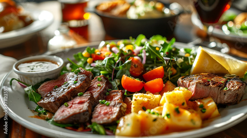 Grilled beef steak with potatoes and arugula salad on wooden table.