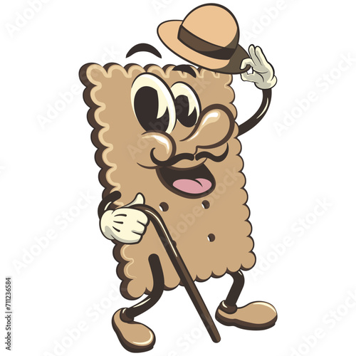 vector illustration of cute square biscuit character mascot carrying a stick and saluting with raised hat, work of handmade