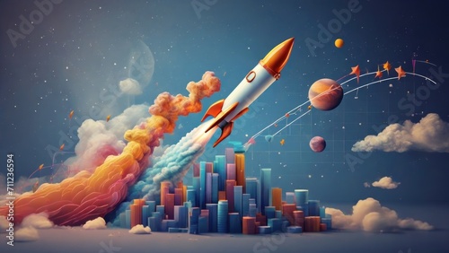 A graph chart soaring upwards with a rocket, capturing the endless possibilities and excitement of a successful startup. photo