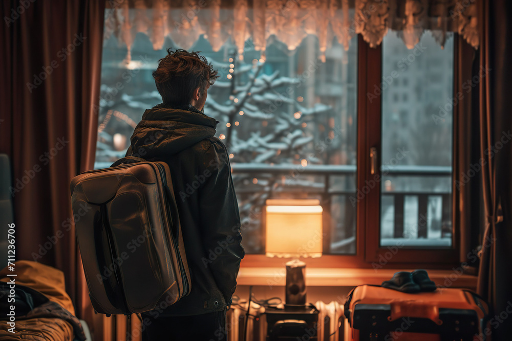 Solo traveler wearing backpack looking out onto winter cityscape. Solo traveler wearing backpack looking out onto winter cityscape.