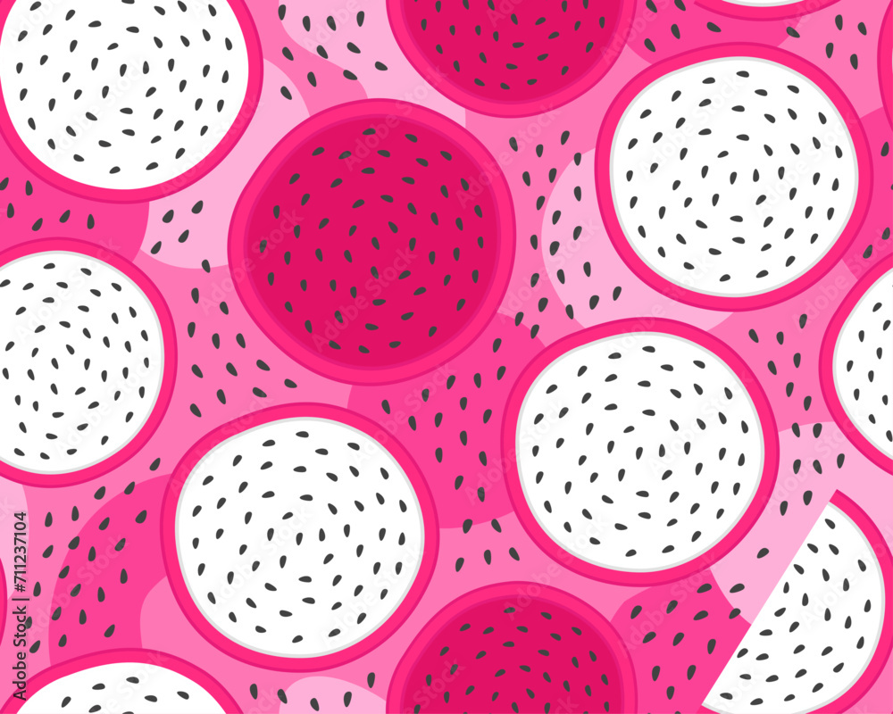 Bright tropical seamless pattern. Slices of white and pink dragon fruit on a pink background. Pitahaya. Bright tropical seamless pattern. Slices of white and pink dragon fruit on a pink background. Pitahaya.