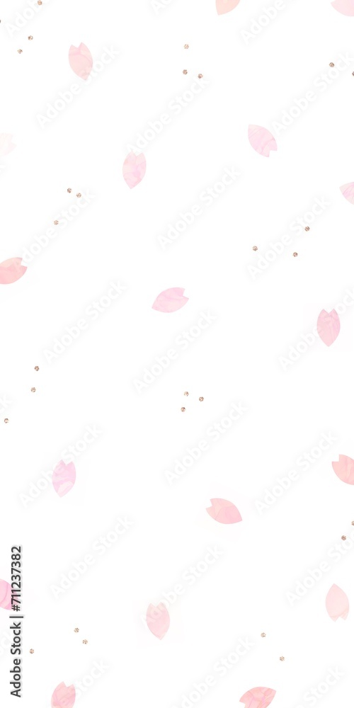 アルコールインクアートの春の縦長背景）マーブル柄のピンクの桜の花びらと金色グリッター