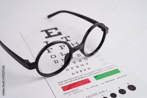 Glasses on eye exam chart to test eyesight accuracy of reading.