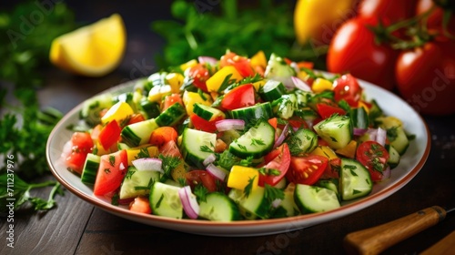 A plate of vibrant and refreshing Israeli salad, packed with diced cucumbers, tomatoes, and bell peppers, tossed in a lemony dressing and garnished with freshly chopped herbs.