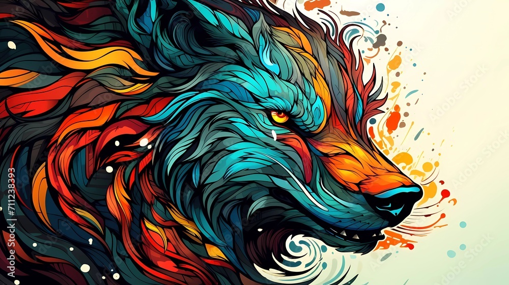 Abstract wolf head close up with tangled doodle elements. Colorful illustration. generative ai