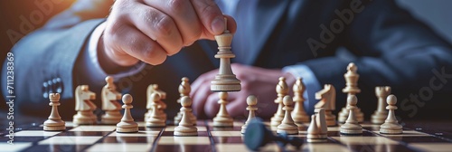Close-up of Businessman hands moving chess piece on chess board game. Banner