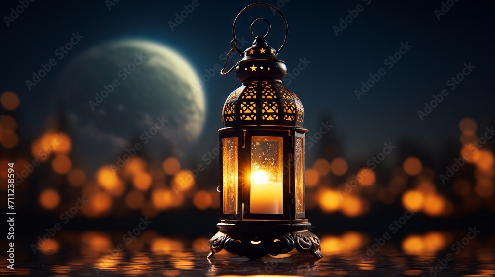 Traditional lantern illuminates a peaceful ramadan night with a mosque silhouette against a crescent moon