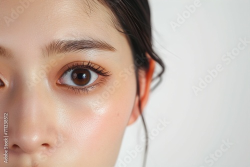 日本人女性の目元のパーツのアップ写真（白背景・美肌・クローズアップ） photo