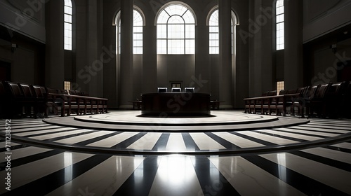 The authority of the law reflected in the symmetry of an empty courtroom photo