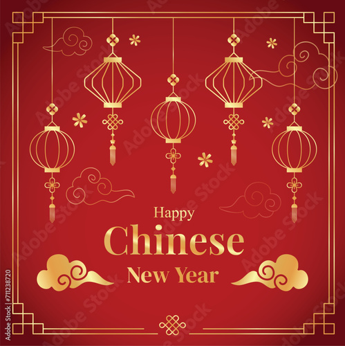 Happy Chinese New Year vector, year of the dragon banner template design on a gradient red background, gold hanging lantern. Modern luxury oriental illustration for cover, banner, website.