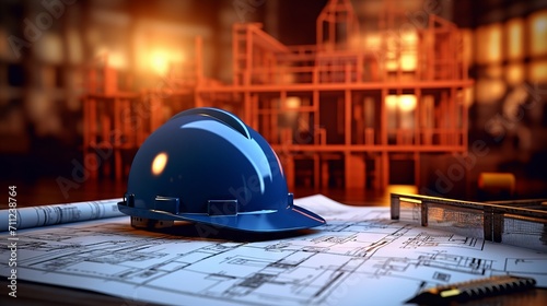 Engineering and architecture come together with a hard hat and detailed building plans photo