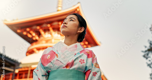 Canvas Print Woman, shinto temple and traditional clothes in culture, building or religion with vision for zen balance